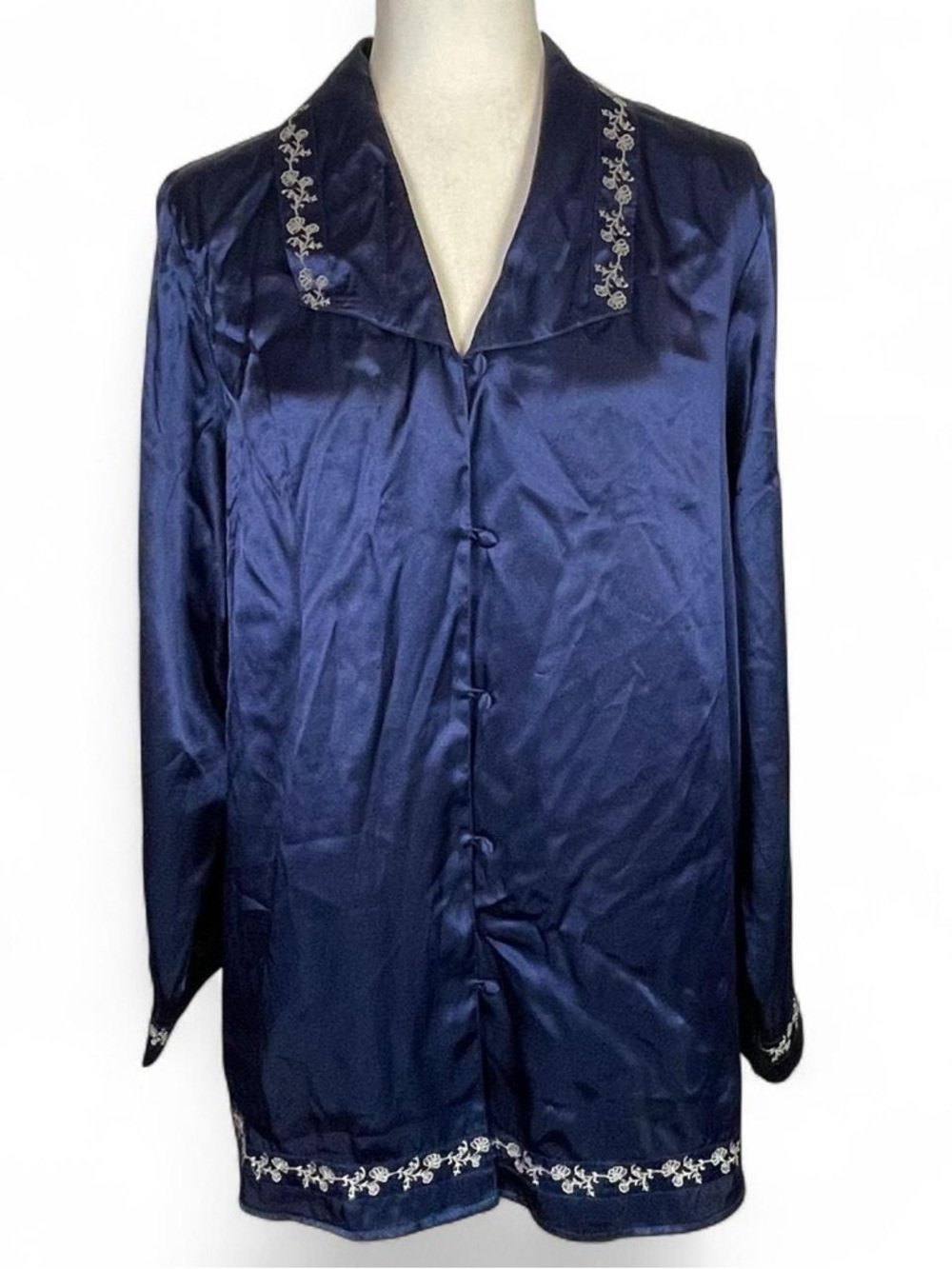 Vintage 70s 80s Inner Most Size XL Embroidered Sleep Wear Top Blouse Navy White